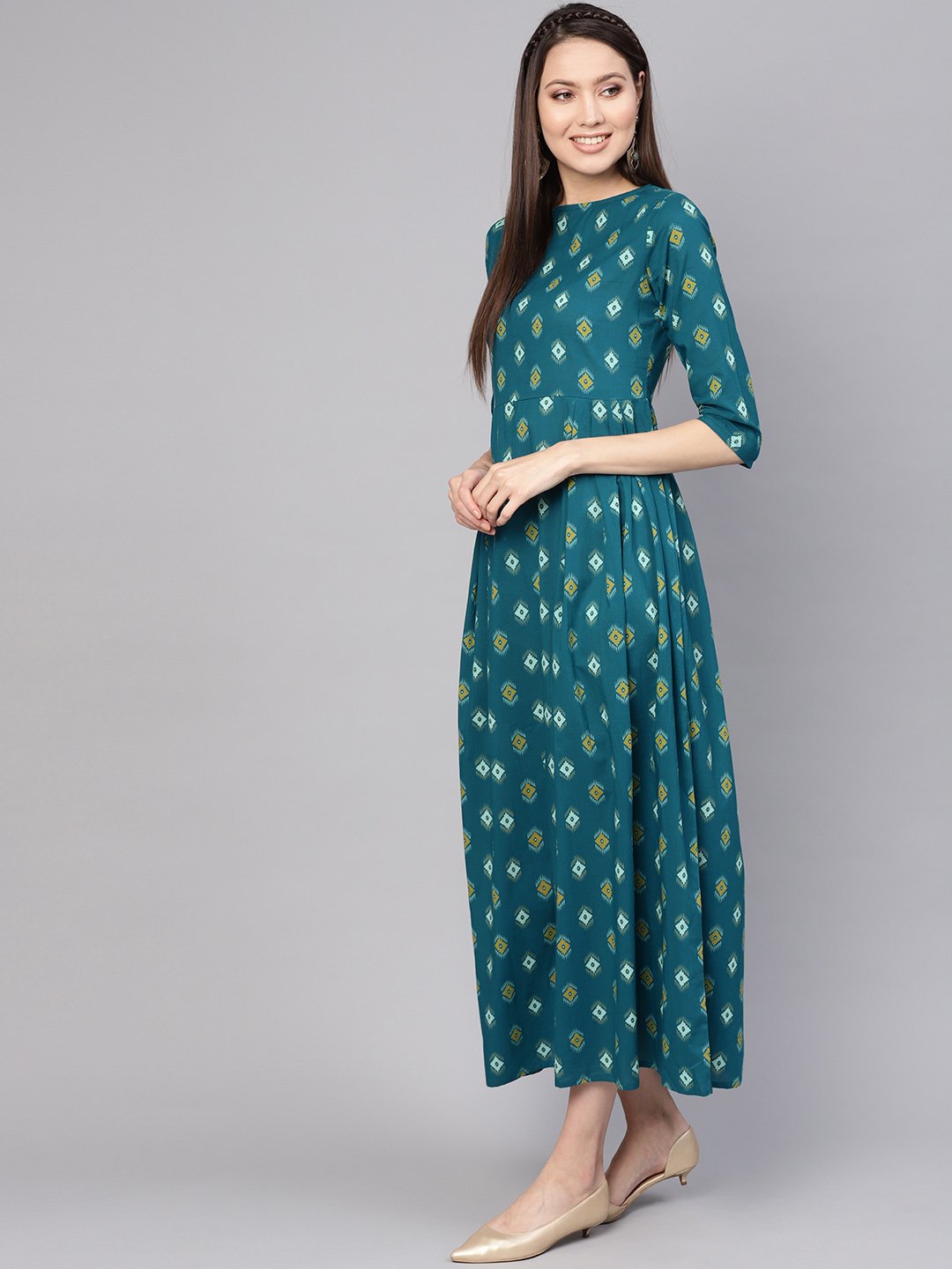 Women Teal Blue & Yellow Printed Maxi Dress | NOZ2TOZ - Made In INDIA.