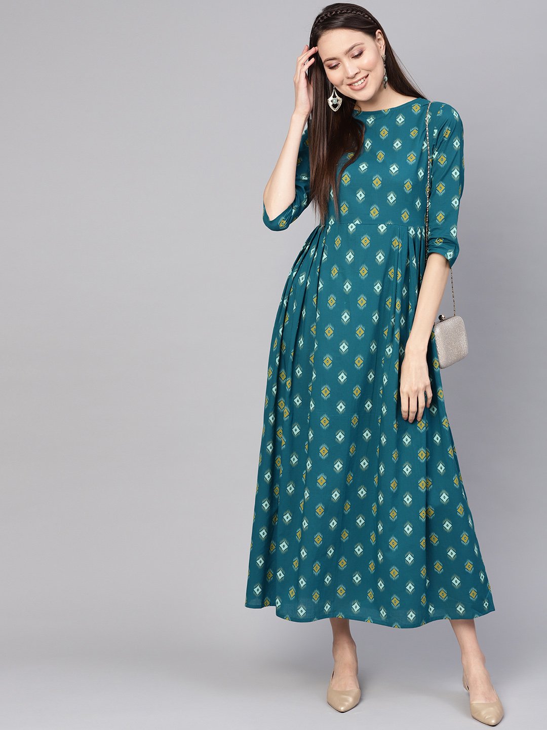 Women Teal Blue & Yellow Printed Maxi Dress | NOZ2TOZ - Made In INDIA.