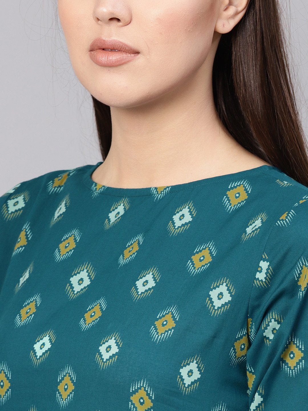 Women Teal Blue & Yellow Printed Maxi Dress | NOZ2TOZ - Made In INDIA.