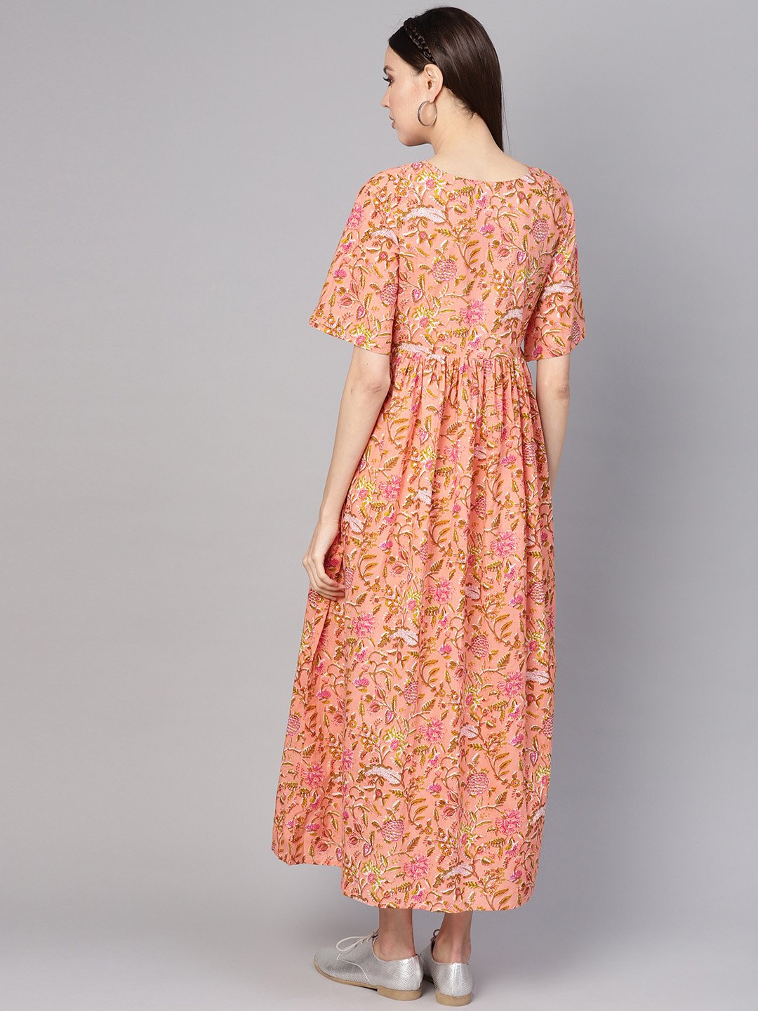 Women Peach-Coloured & Green Printed Maxi Dress | NOZ2TOZ - Made In INDIA.