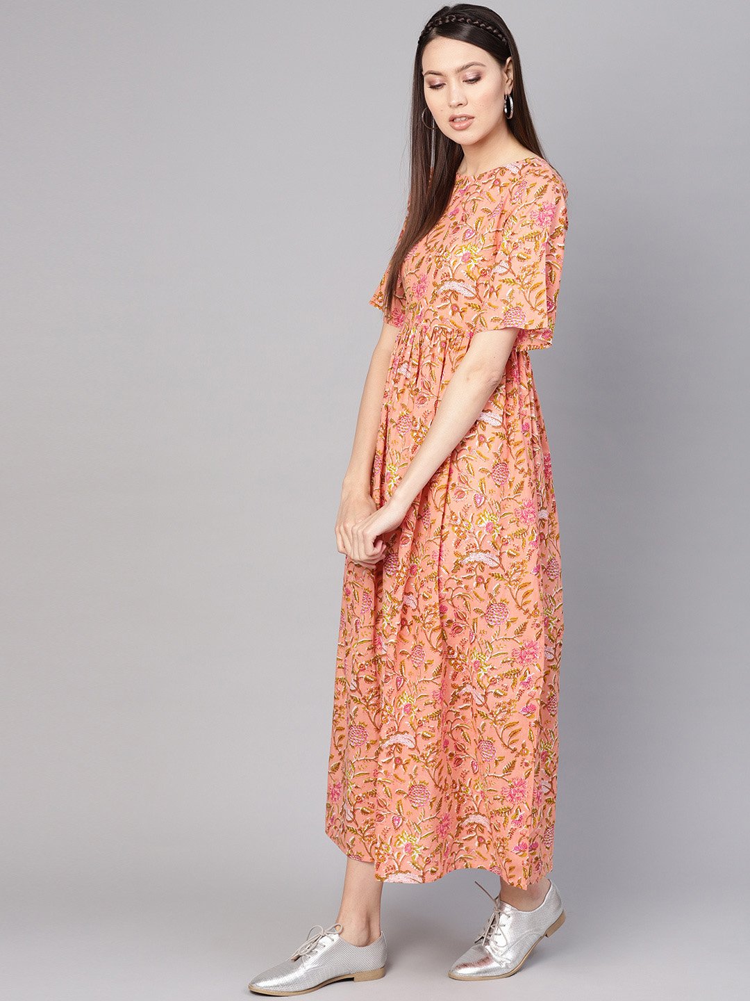 Women Peach-Coloured & Green Printed Maxi Dress | NOZ2TOZ - Made In INDIA.