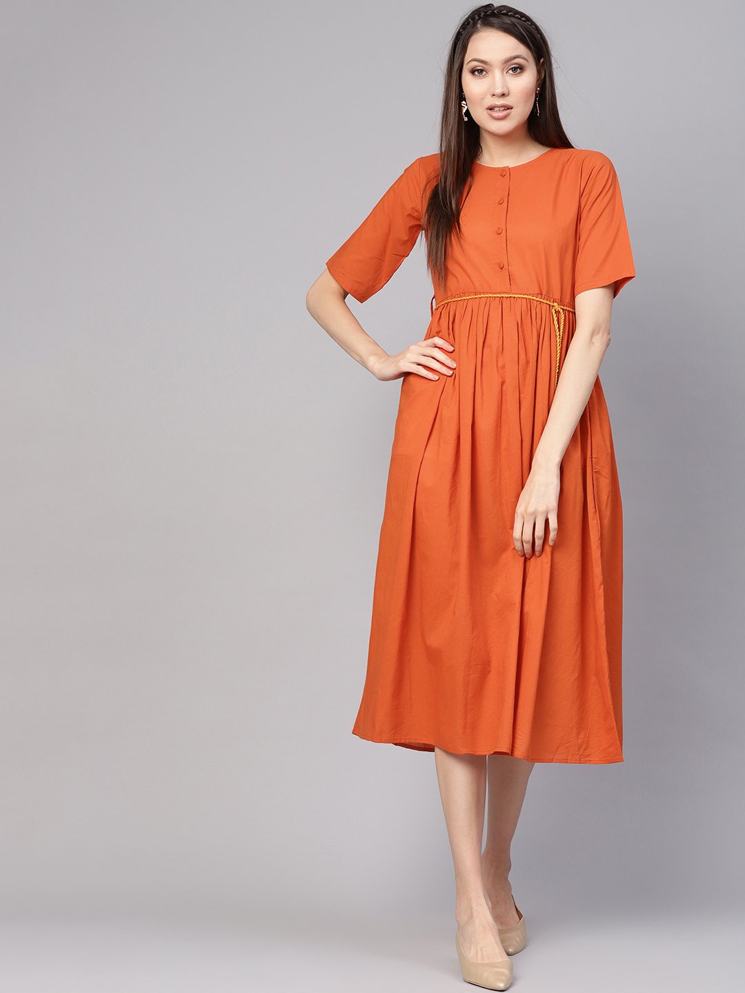 Women Rust Orange Solid A-Line Dress | NOZ2TOZ - Made In INDIA.