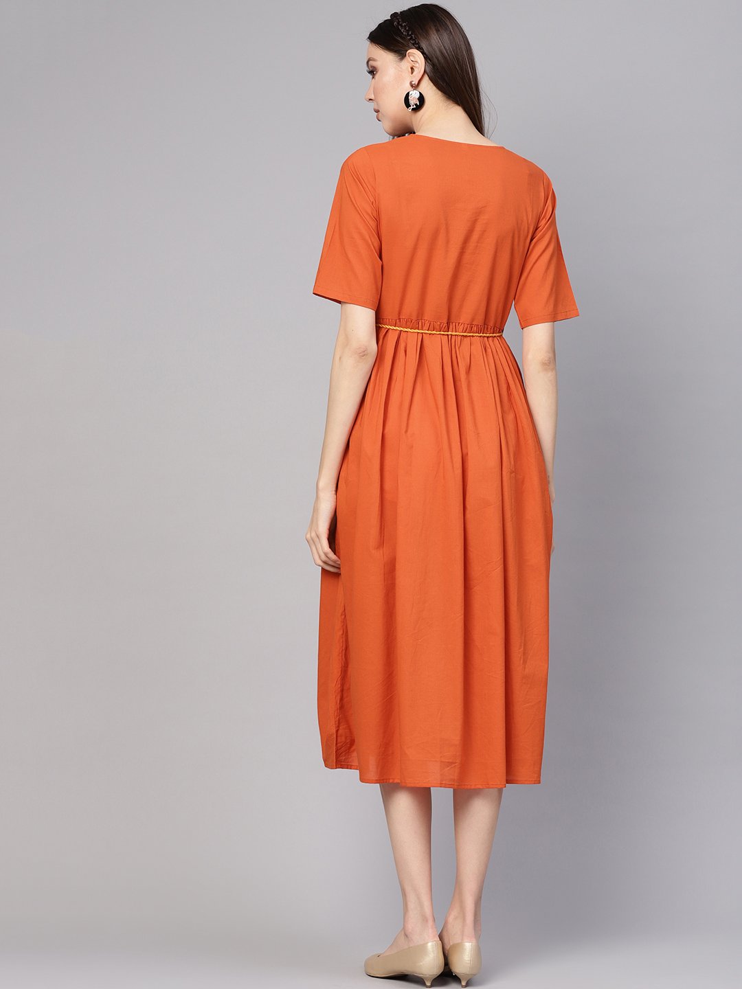 Women Rust Orange Solid A-Line Dress | NOZ2TOZ - Made In INDIA.