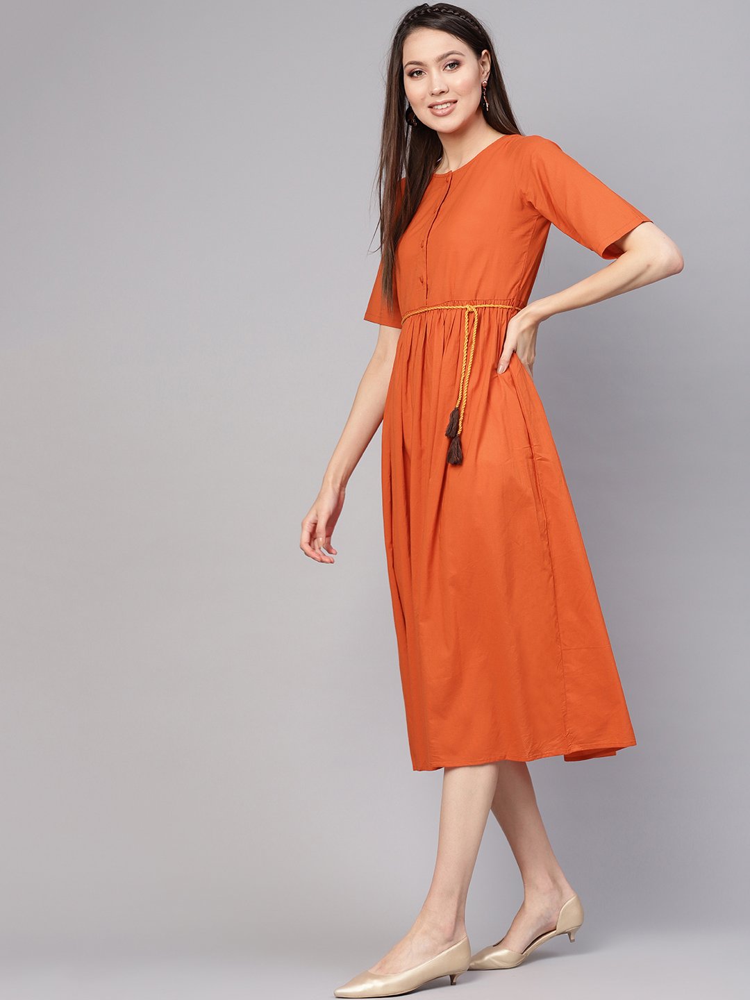 Women Rust Orange Solid A-Line Dress | NOZ2TOZ - Made In INDIA.