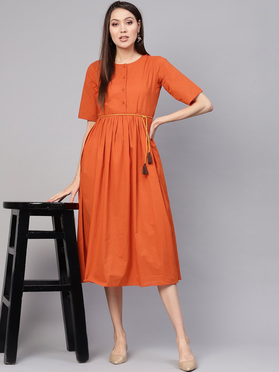 Women Rust Orange Solid A-Line Dress | NOZ2TOZ - Made In INDIA.