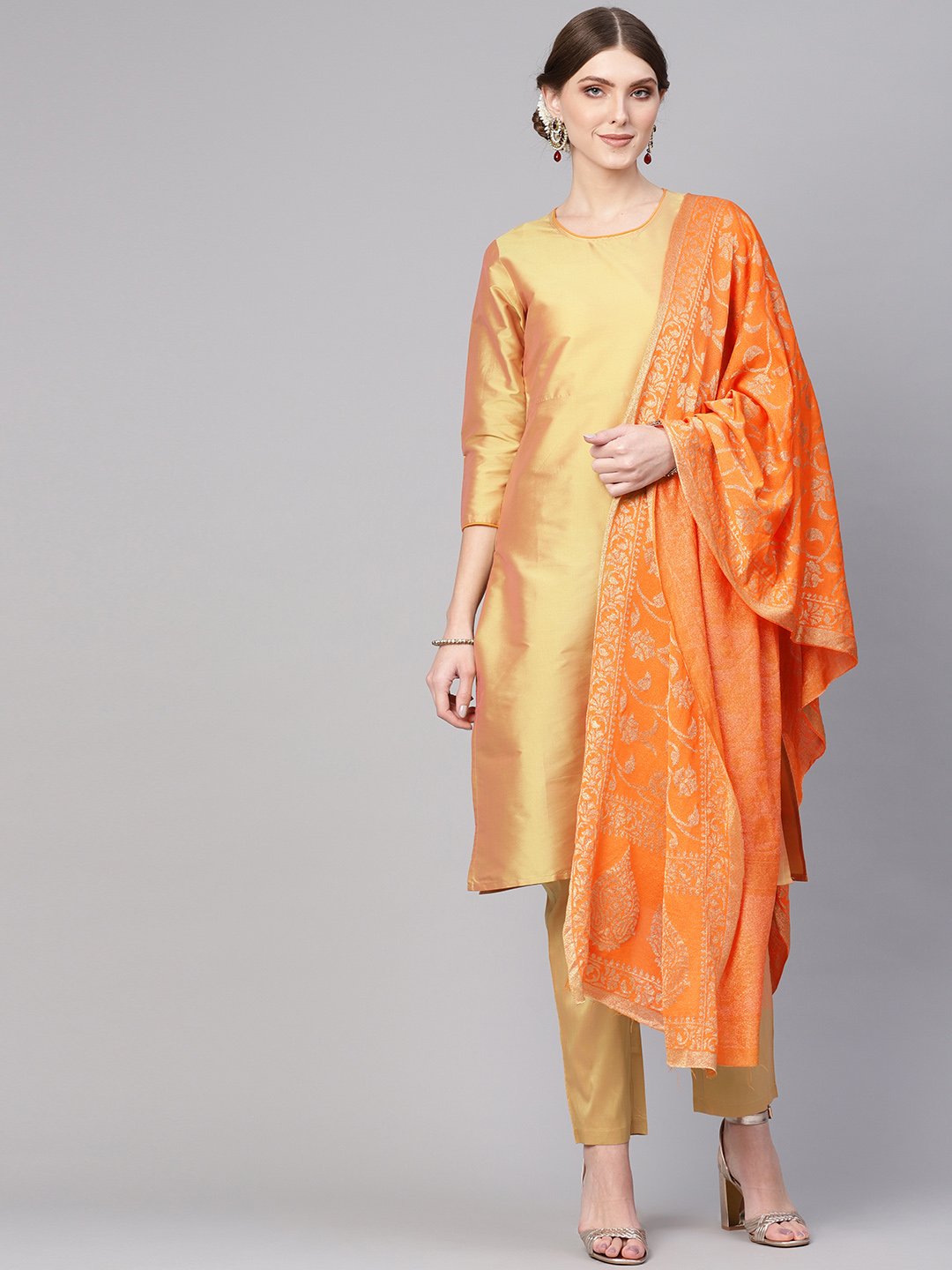 Women Golden & Orange Solid Kurta with Palazzos & Dupatta | NOZ2TOZ - Made In INDIA.