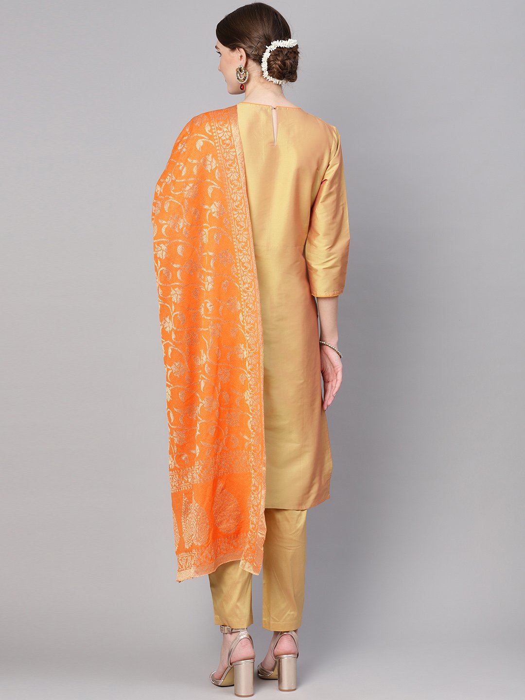 Women Golden & Orange Solid Kurta with Palazzos & Dupatta | NOZ2TOZ - Made In INDIA.