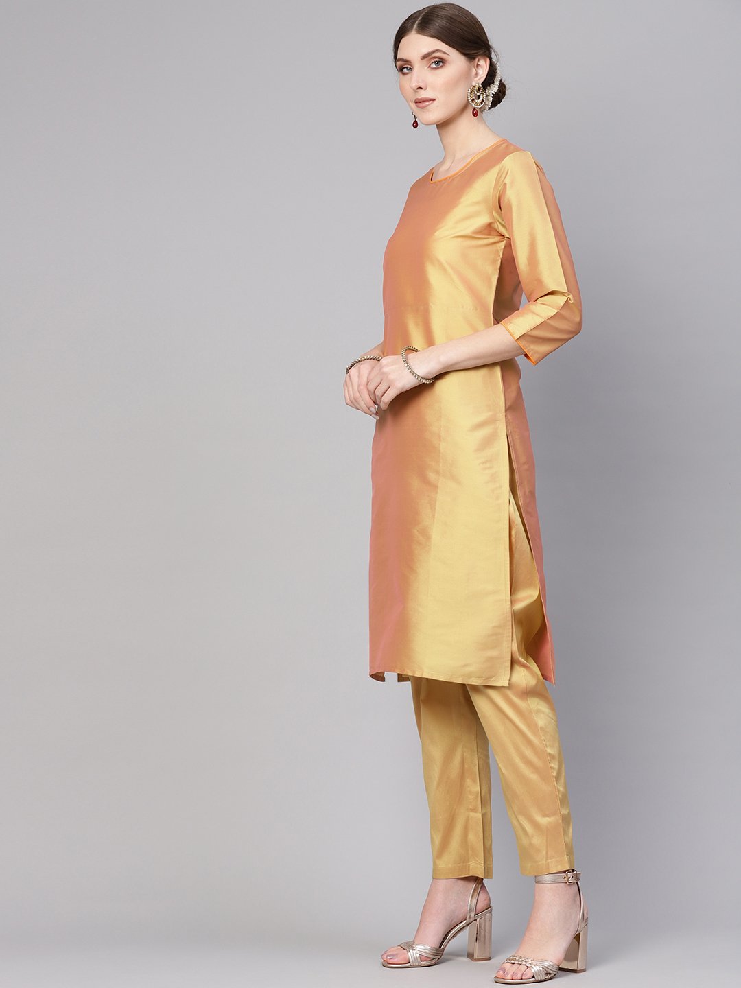 Women Golden & Orange Solid Kurta with Palazzos & Dupatta | NOZ2TOZ - Made In INDIA.