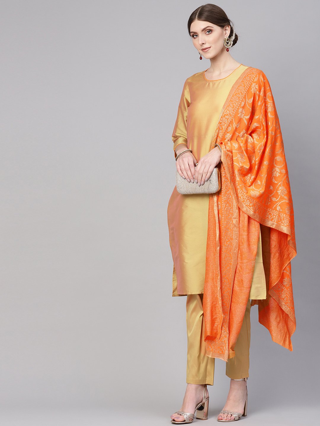 Women Golden & Orange Solid Kurta with Palazzos & Dupatta | NOZ2TOZ - Made In INDIA.