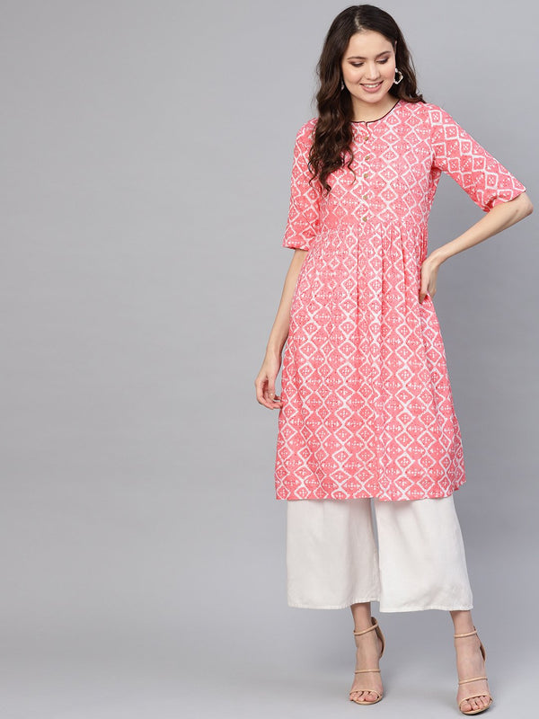 Women Pink & Off-White Printed Straight Kurta | NOZ2TOZ - Made In INDIA.