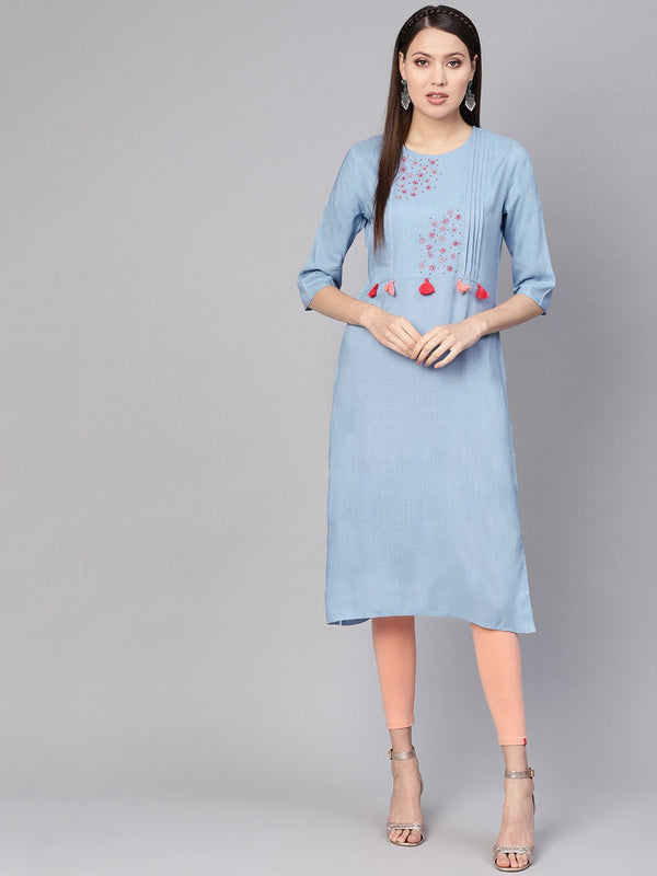 Women Blue Embroidered Detail Straight Kurta | NOZ2TOZ - Made In INDIA.