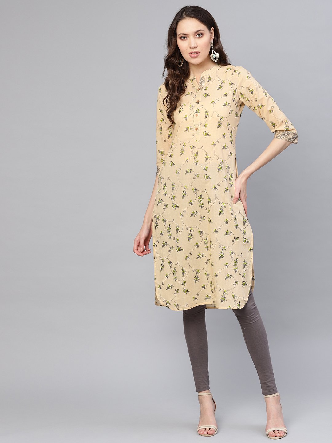 Women Beige & Green Printed Straight Kurta | NOZ2TOZ - Made In INDIA.