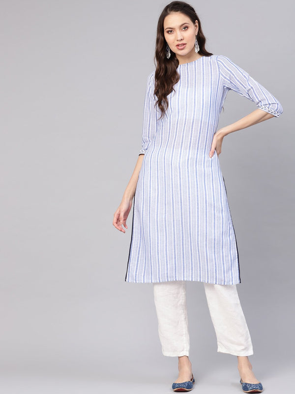 Women Blue & White Striped Straight Kurta | NOZ2TOZ - Made In INDIA.