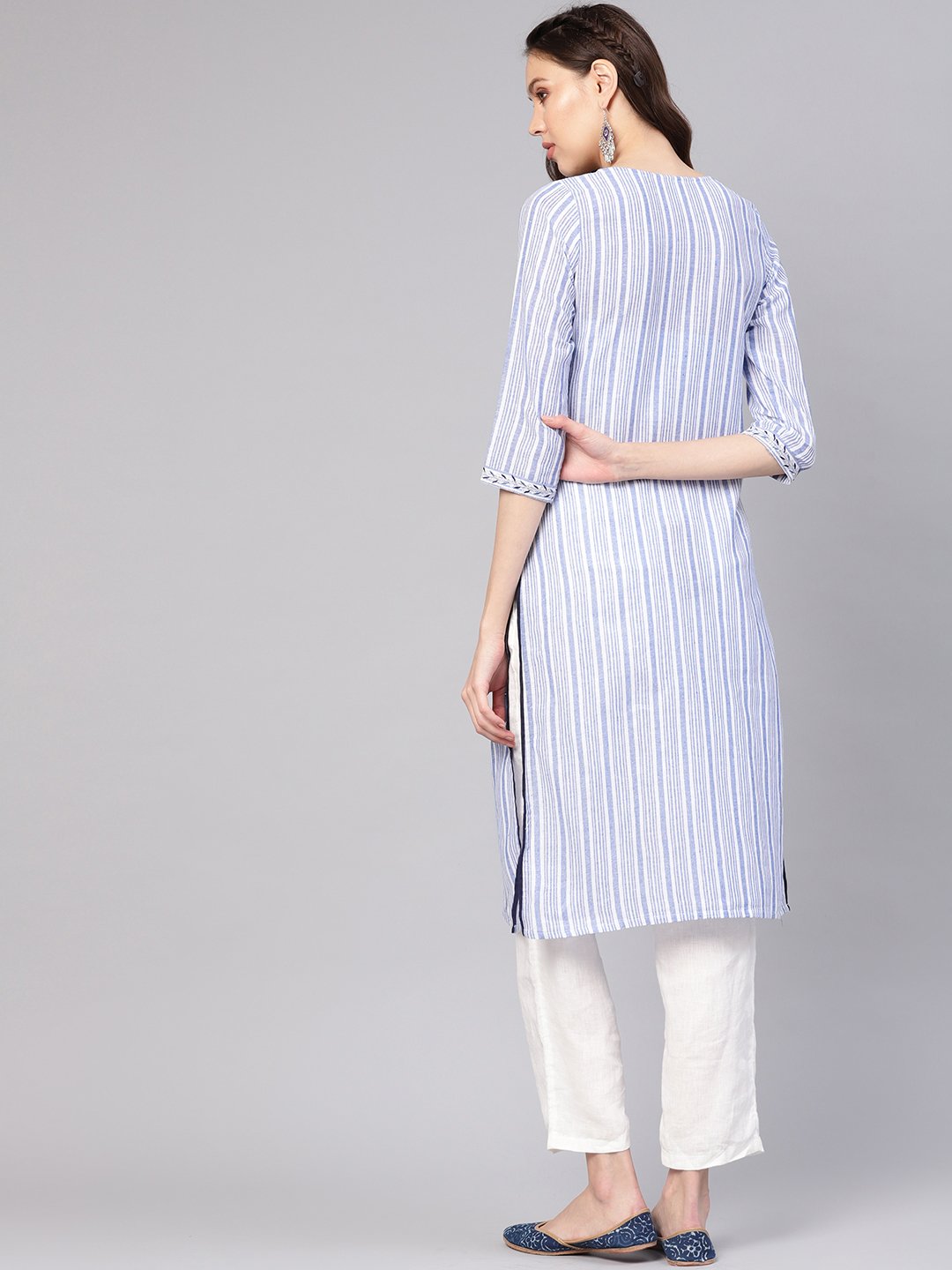 Women Blue & White Striped Straight Kurta | NOZ2TOZ - Made In INDIA.