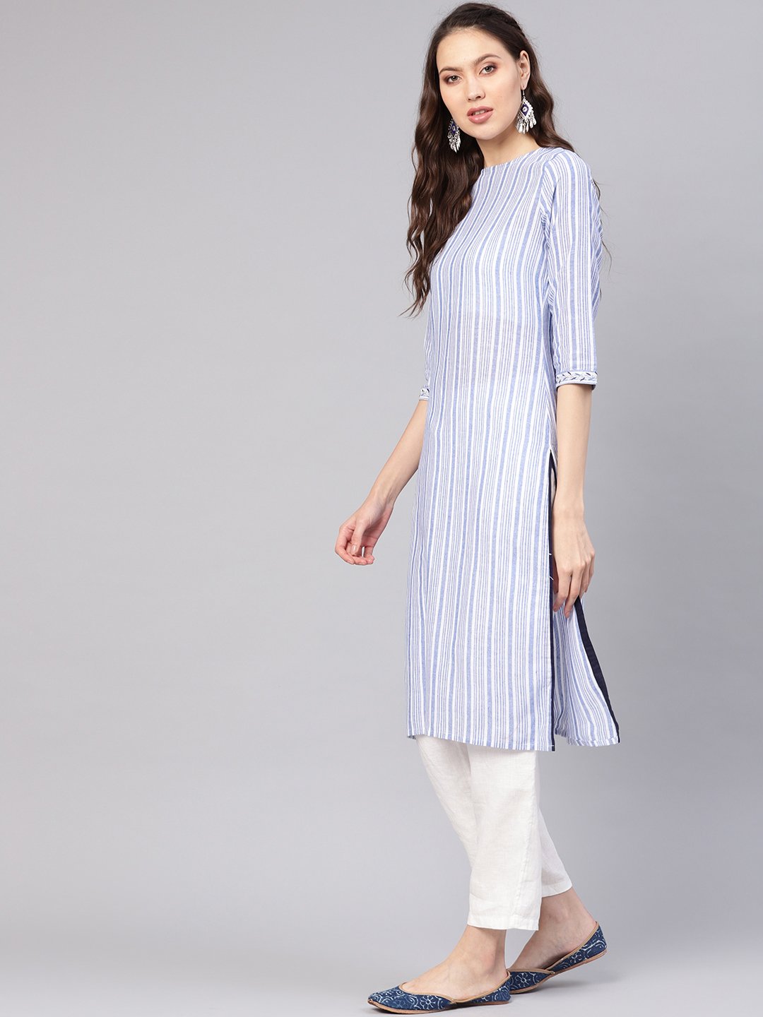 Women Blue & White Striped Straight Kurta | NOZ2TOZ - Made In INDIA.