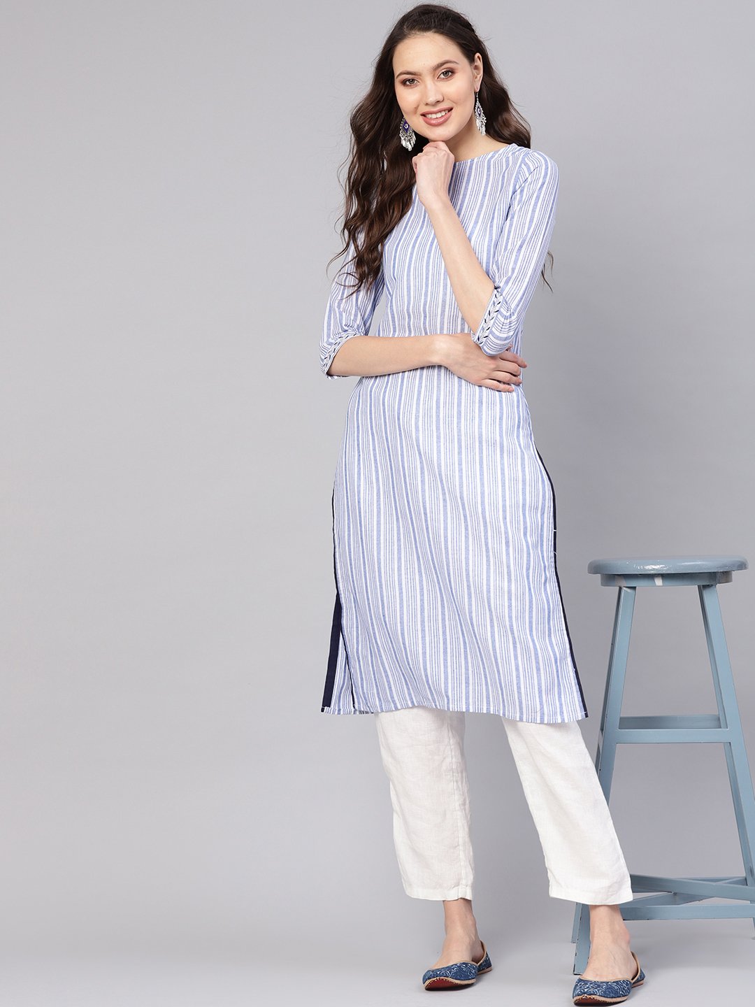 Women Blue & White Striped Straight Kurta | NOZ2TOZ - Made In INDIA.