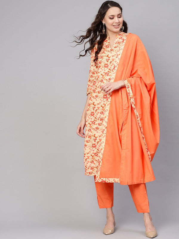 Women Cream-Coloured & Peach-Coloured Printed Kurta with Palazzos & Dupatta | NOZ2TOZ - Made In INDIA.