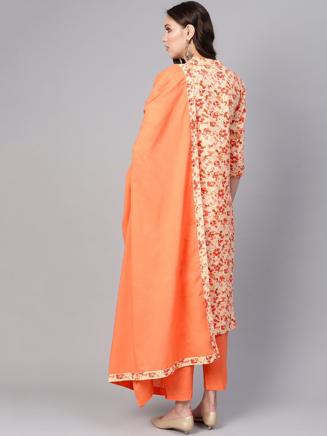 Women Cream-Coloured & Peach-Coloured Printed Kurta with Palazzos & Dupatta | NOZ2TOZ - Made In INDIA.