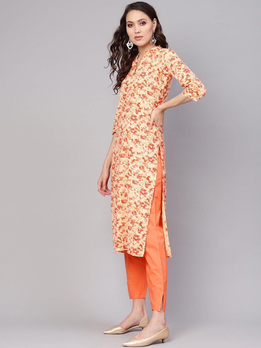 Women Cream-Coloured & Peach-Coloured Printed Kurta with Palazzos & Dupatta | NOZ2TOZ - Made In INDIA.