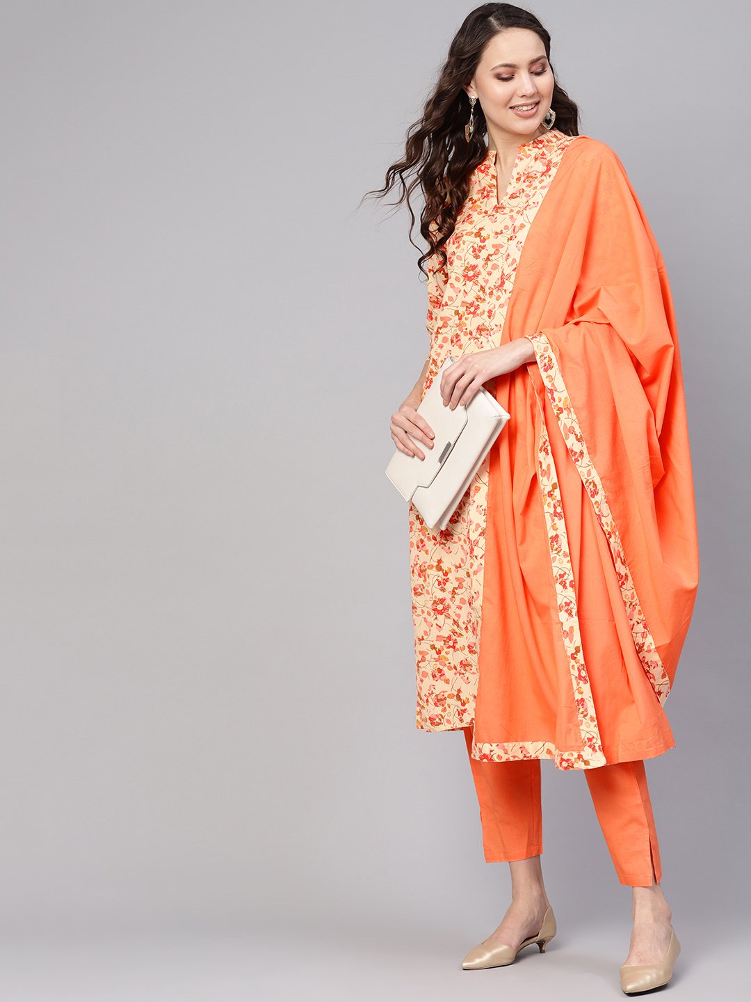 Women Cream-Coloured & Peach-Coloured Printed Kurta with Palazzos & Dupatta | NOZ2TOZ - Made In INDIA.