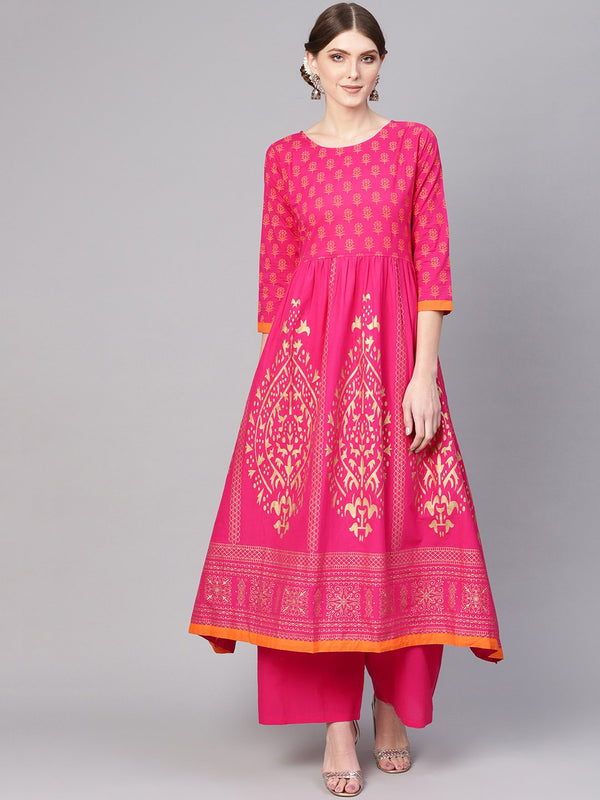 Women Pink & Golden Block Print Kurta with Palazzos & Ethnic Jacket | NOZ2TOZ - Made In INDIA.