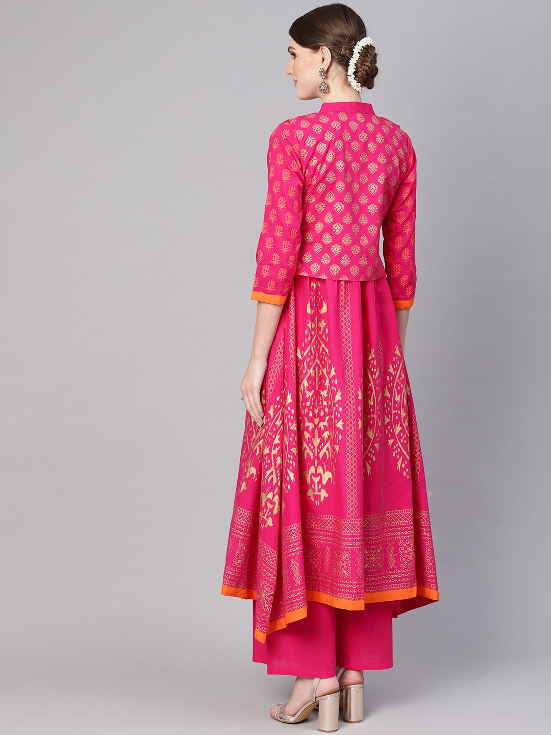 Women Pink & Golden Block Print Kurta with Palazzos & Ethnic Jacket | NOZ2TOZ - Made In INDIA.