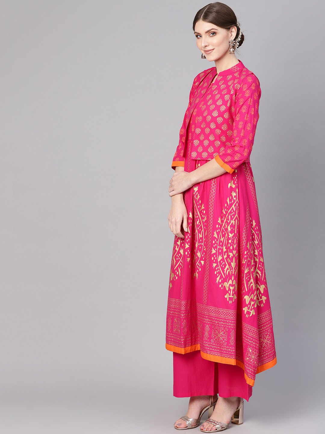 Women Pink & Golden Block Print Kurta with Palazzos & Ethnic Jacket | NOZ2TOZ - Made In INDIA.