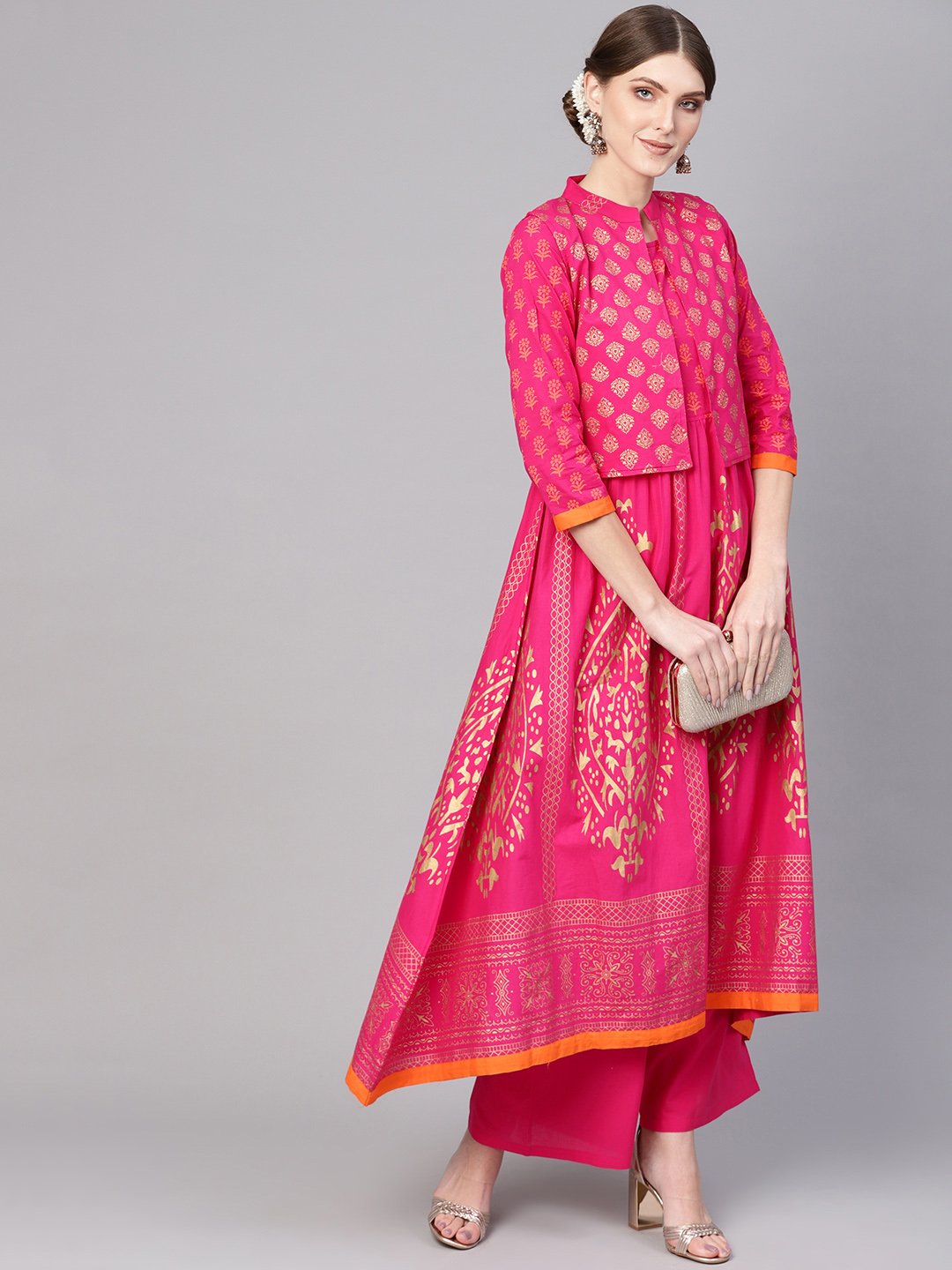 Women Pink & Golden Block Print Kurta with Palazzos & Ethnic Jacket | NOZ2TOZ - Made In INDIA.