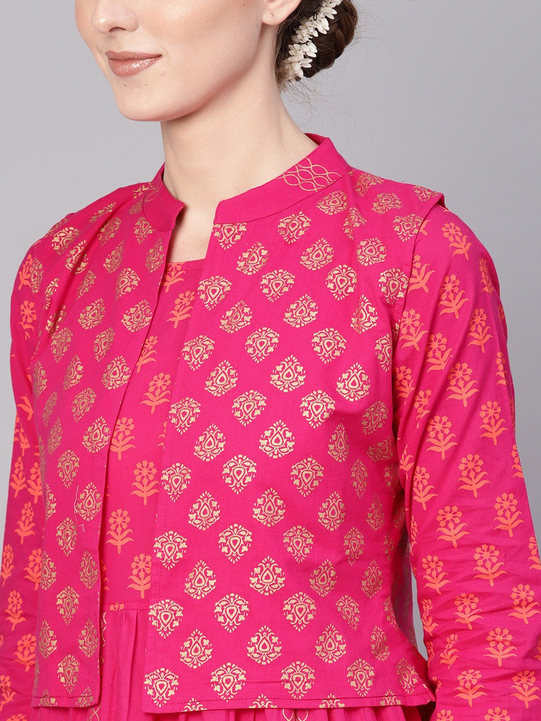 Women Pink & Golden Block Print Kurta with Palazzos & Ethnic Jacket | NOZ2TOZ - Made In INDIA.