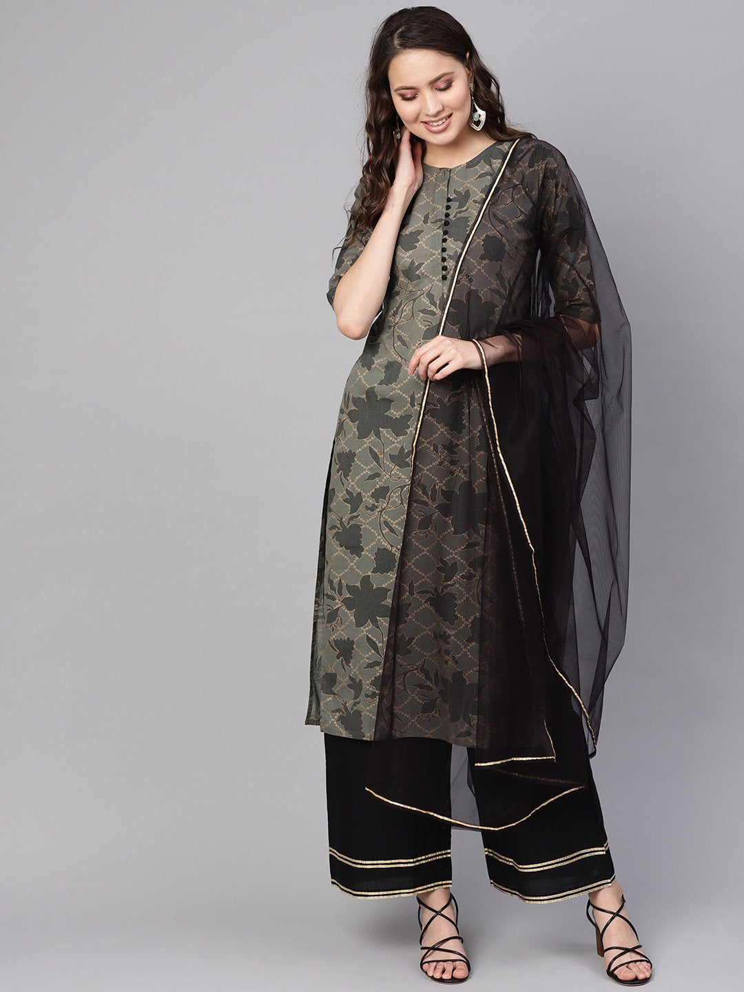 Women Grey Three-Quarter Sleeves Printed Straight Pure Cotton Kurta Palazzo Set | NOZ2TOZ - Made In INDIA.