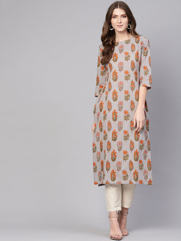 Women Grey & Orange Printed Straight Kurta | NOZ2TOZ - Made In INDIA.