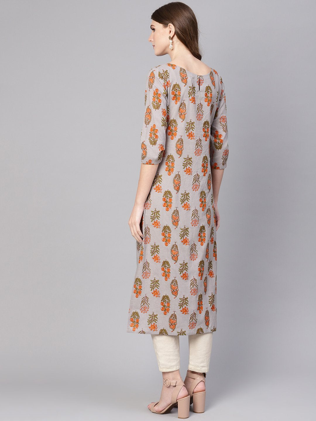 Women Grey & Orange Printed Straight Kurta | NOZ2TOZ - Made In INDIA.