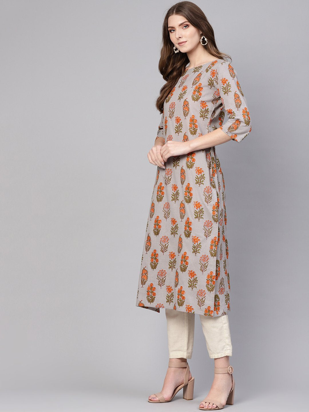 Women Grey & Orange Printed Straight Kurta | NOZ2TOZ - Made In INDIA.