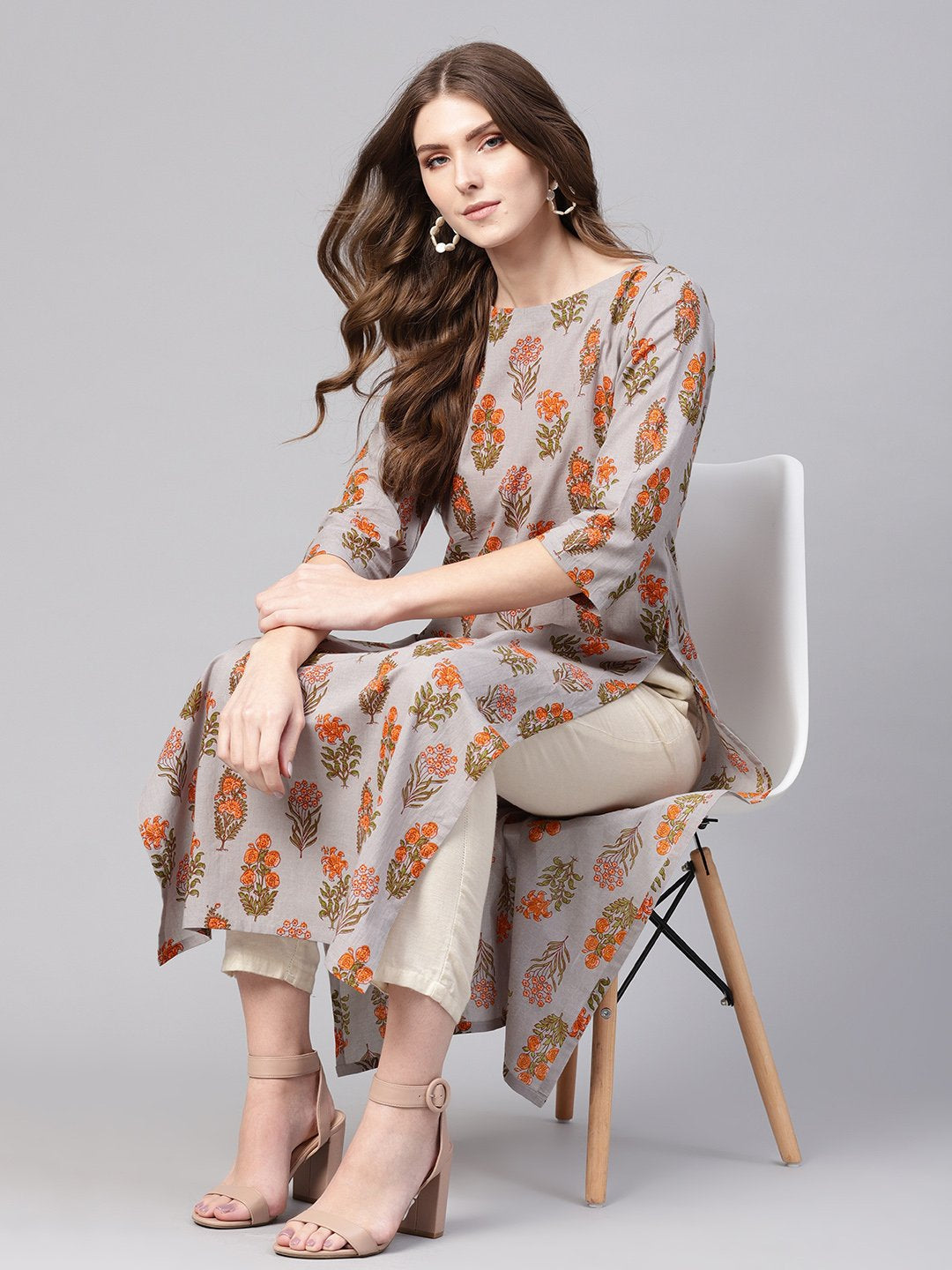 Women Grey & Orange Printed Straight Kurta | NOZ2TOZ - Made In INDIA.