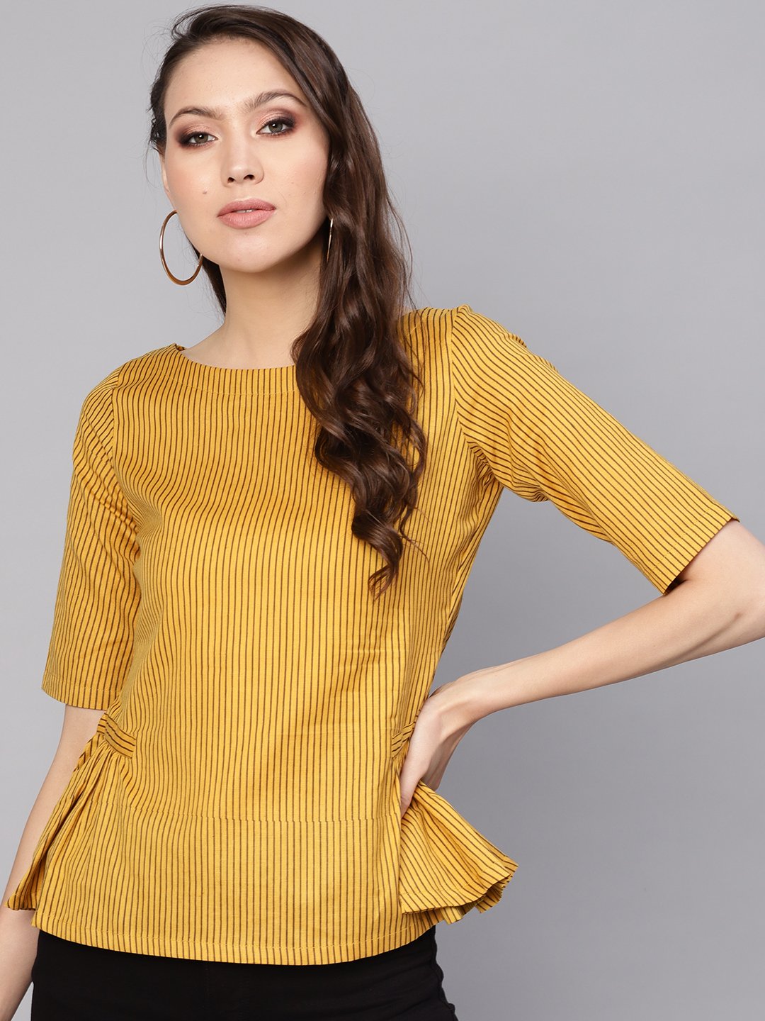 Women Mustard Yellow & Brown Striped A-Line Top | NOZ2TOZ - Made In INDIA.