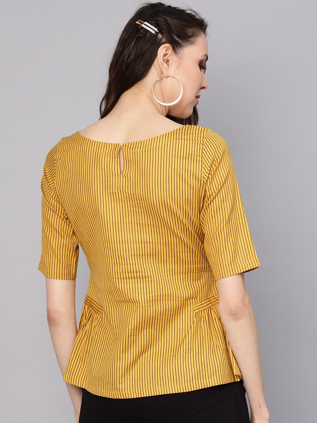 Women Mustard Yellow & Brown Striped A-Line Top | NOZ2TOZ - Made In INDIA.