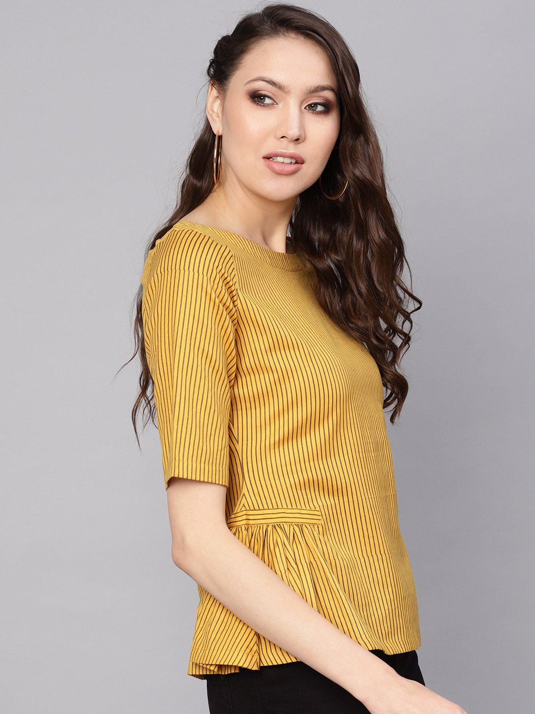 Women Mustard Yellow & Brown Striped A-Line Top | NOZ2TOZ - Made In INDIA.