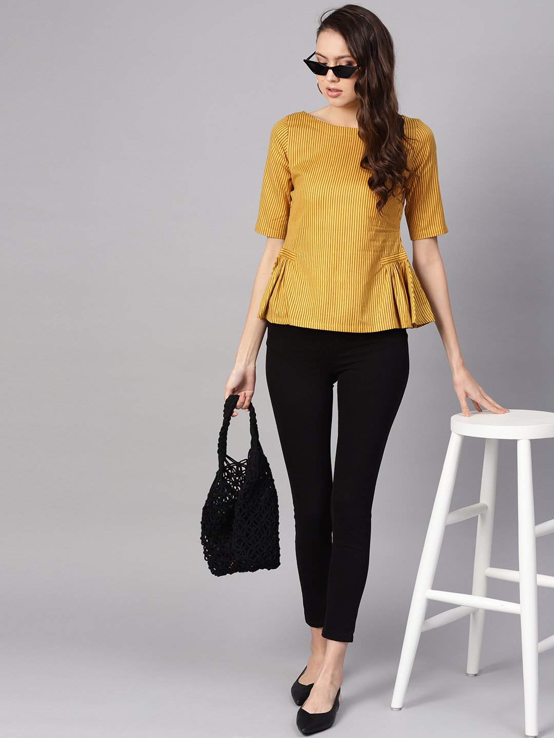 Women Mustard Yellow & Brown Striped A-Line Top | NOZ2TOZ - Made In INDIA.