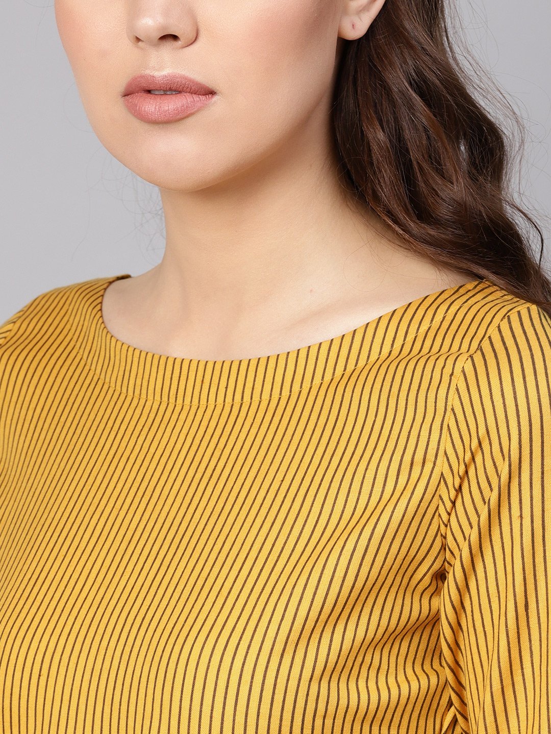 Women Mustard Yellow & Brown Striped A-Line Top | NOZ2TOZ - Made In INDIA.