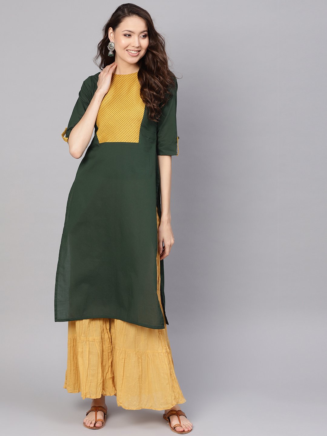 Women Green & Yellow Yoke Design Straight Kurta | NOZ2TOZ - Made In INDIA.