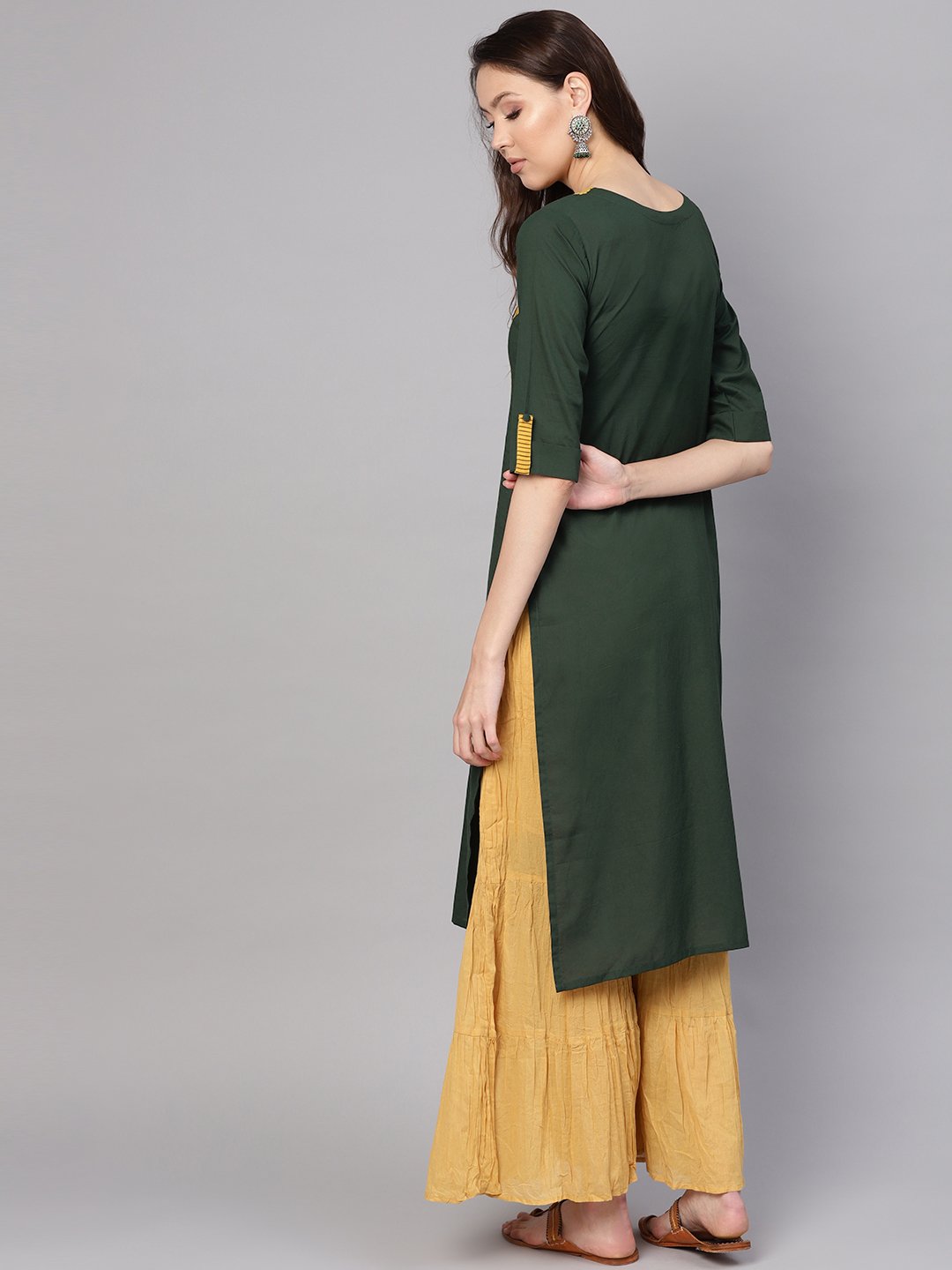 Women Green & Yellow Yoke Design Straight Kurta | NOZ2TOZ - Made In INDIA.