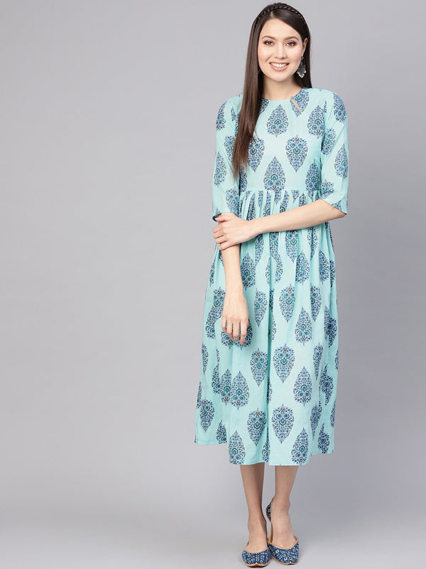 Women Blue Printed A-Line Dress | NOZ2TOZ - Made In INDIA.