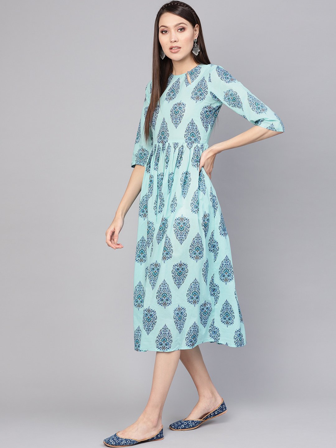 Women Blue Printed A-Line Dress | NOZ2TOZ - Made In INDIA.