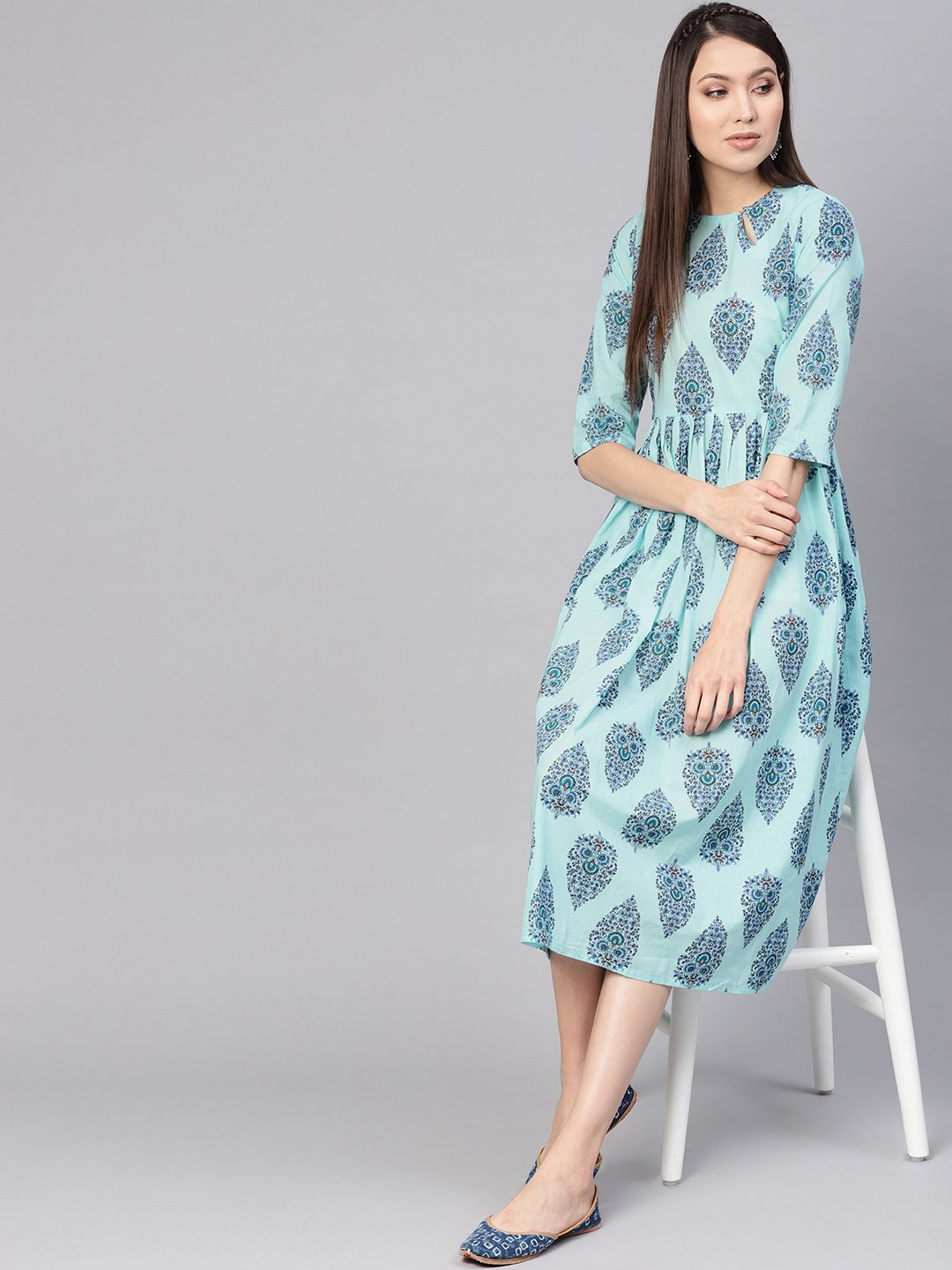 Women Blue Printed A-Line Dress | NOZ2TOZ - Made In INDIA.