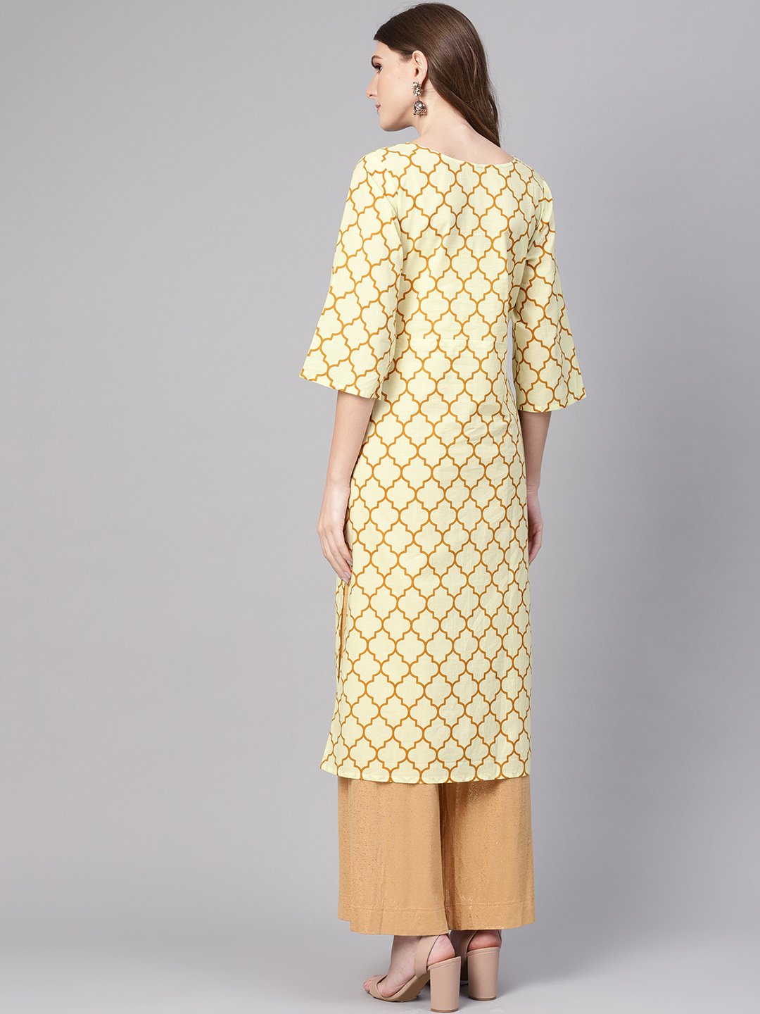 Women Cream-Coloured & Mustard Brown Printed Straight Kurta | NOZ2TOZ - Made In INDIA.