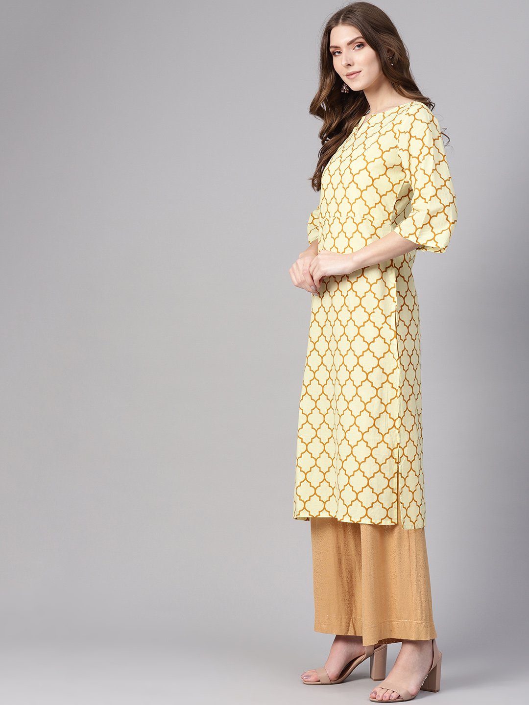 Women Cream-Coloured & Mustard Brown Printed Straight Kurta | NOZ2TOZ - Made In INDIA.