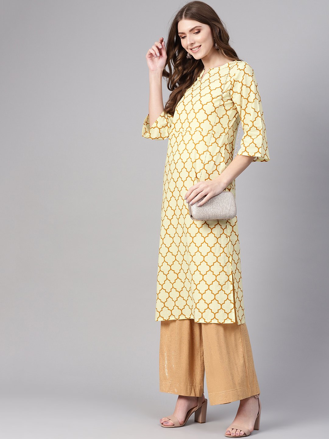 Women Cream-Coloured & Mustard Brown Printed Straight Kurta | NOZ2TOZ - Made In INDIA.