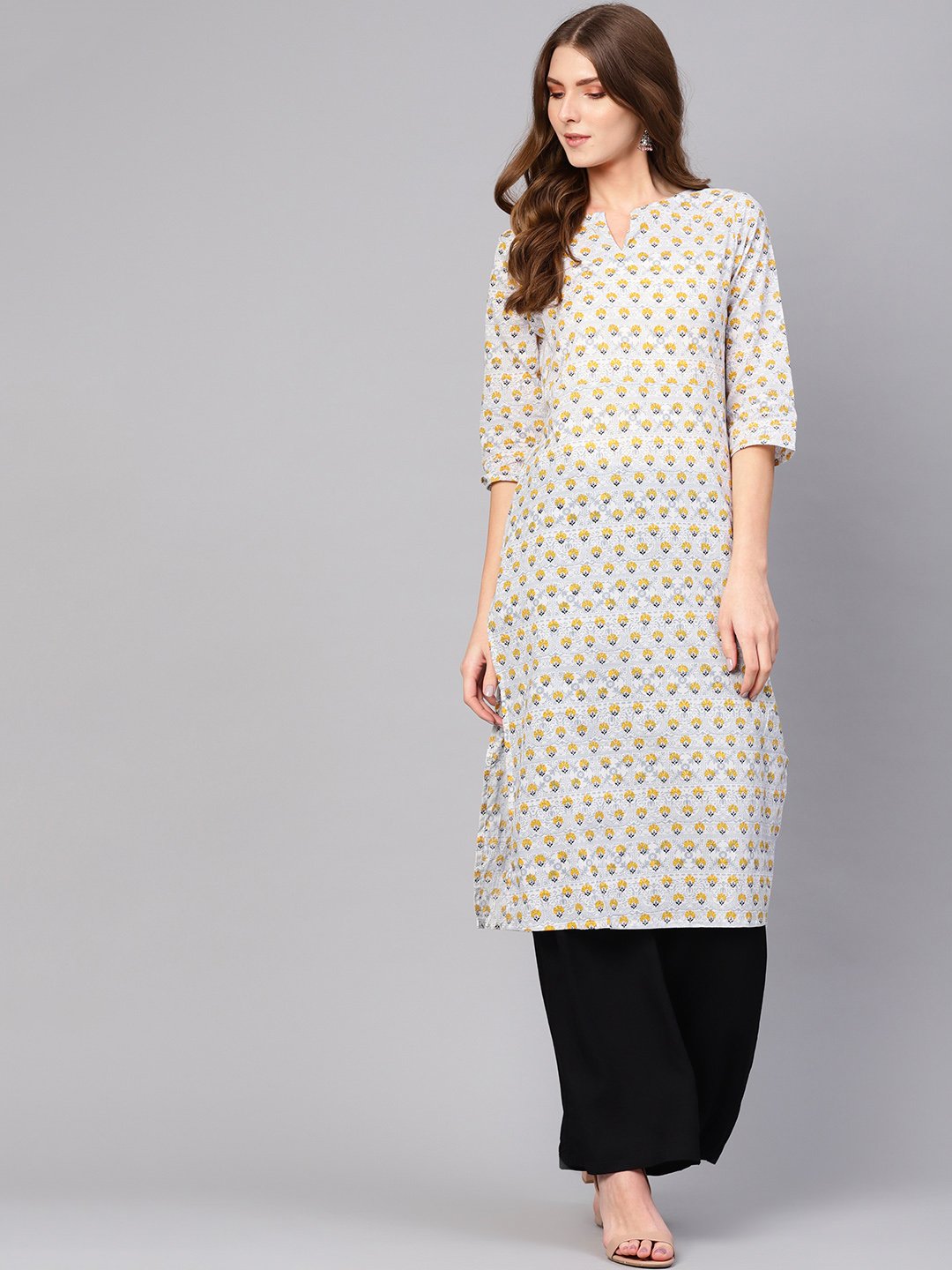 Women Off-White & Mustard Yellow Printed Straight Kurta | NOZ2TOZ - Made In INDIA.