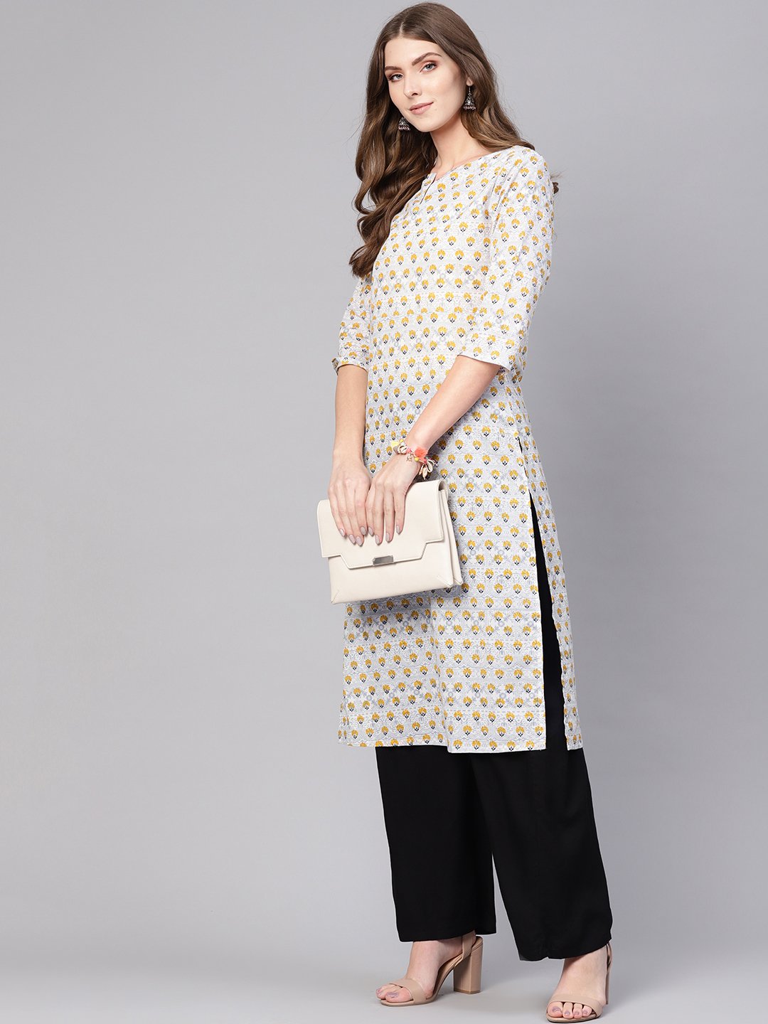 Women Off-White & Mustard Yellow Printed Straight Kurta | NOZ2TOZ - Made In INDIA.