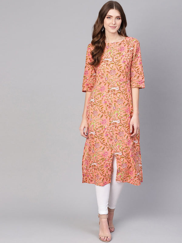 Women Peach-Coloured & Olive Green Printed Straight Kurta | NOZ2TOZ - Made In INDIA.